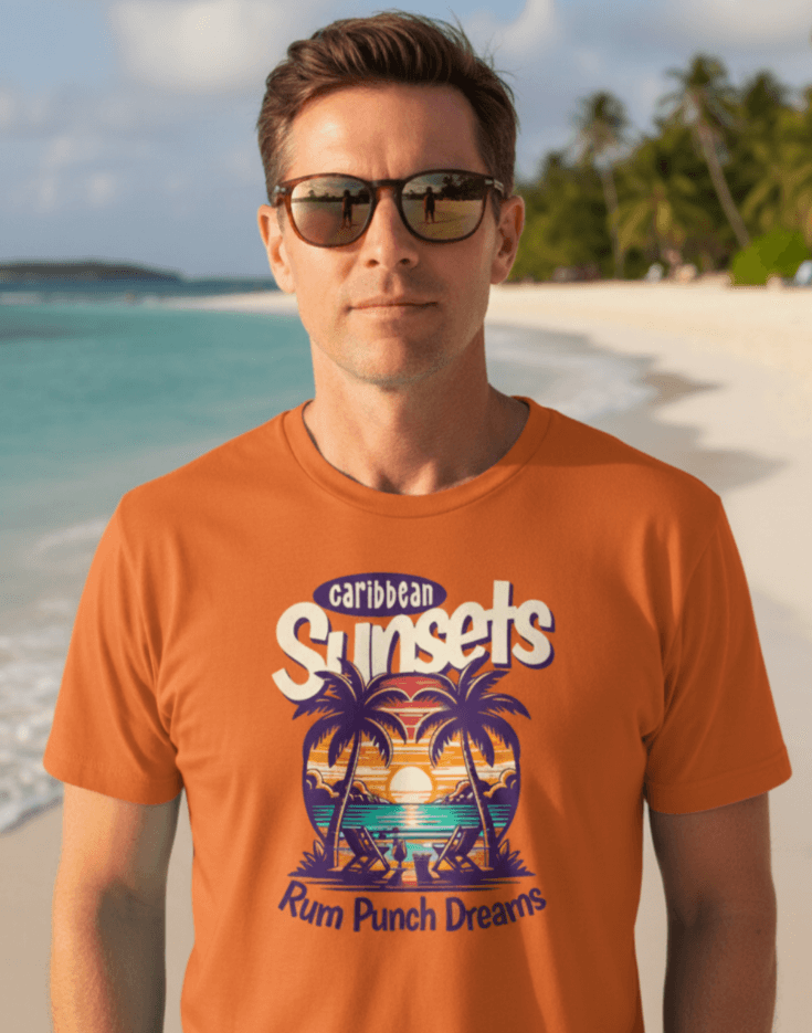 Man on the beach wearing an orange t-shirt that says Caribbean Sunsets, Rum Punch Dreams with a beach sunset graphic.