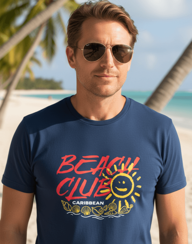Man on the beach wearing a navy blue t-shirt with the text, Beach Club Caribbean and a sun and sea shell graphic image.