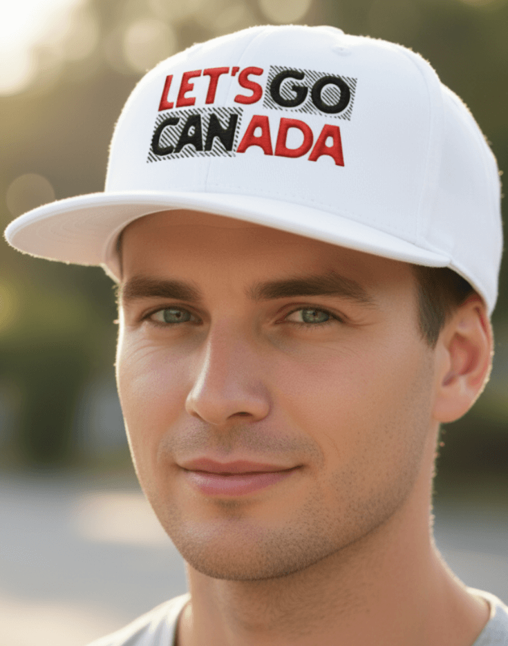 Man wearing a white snapback cap with 'Let's Go Canada' text
