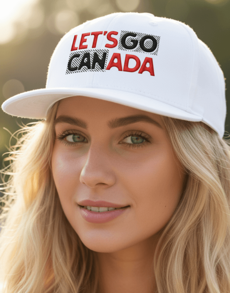 Woman wearing a white snapback cap with 'Let's Go Canada' text
