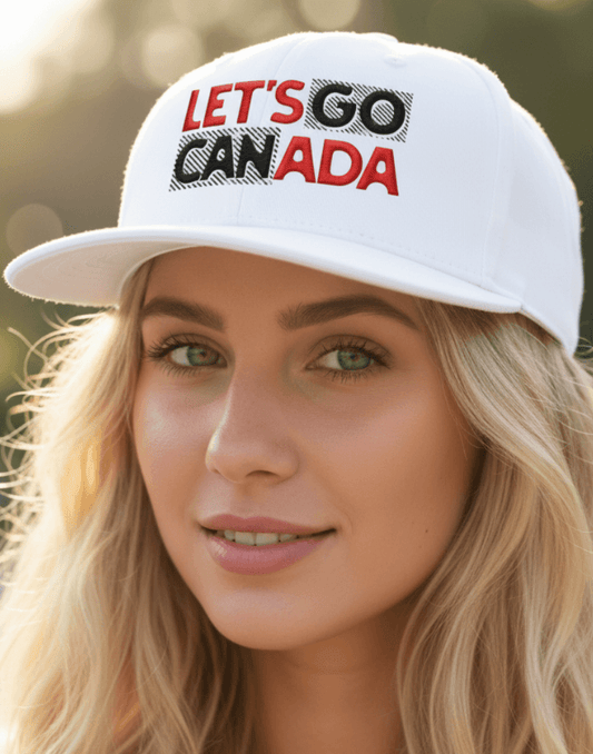 Woman wearing a white snapback cap with 'Let's Go Canada' text