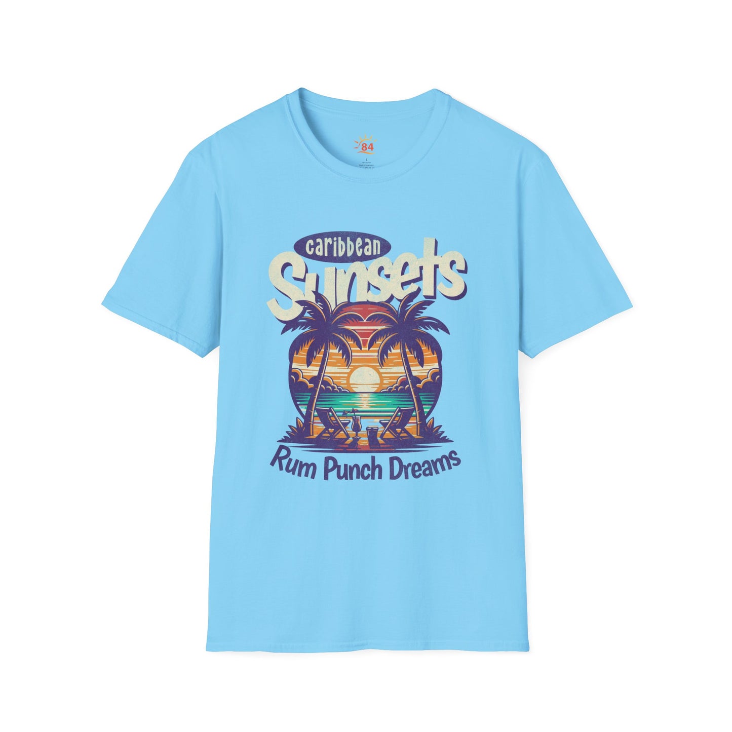 A sky blue t-shirt that says Caribbean Sunsets, Rum Punch Dreams with a beach sunset graphic.