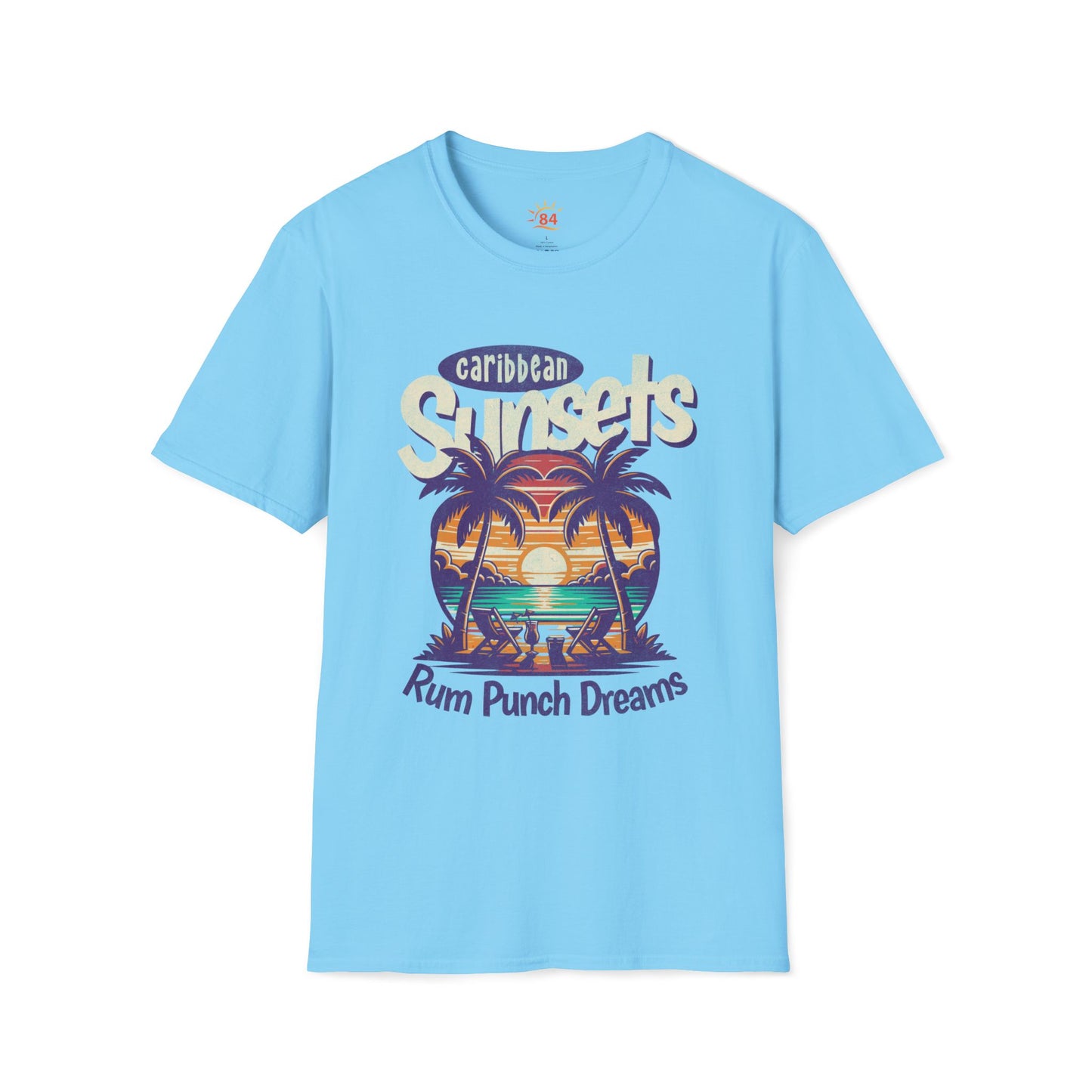 A sky blue t-shirt that says Caribbean Sunsets, Rum Punch Dreams with a beach sunset graphic.