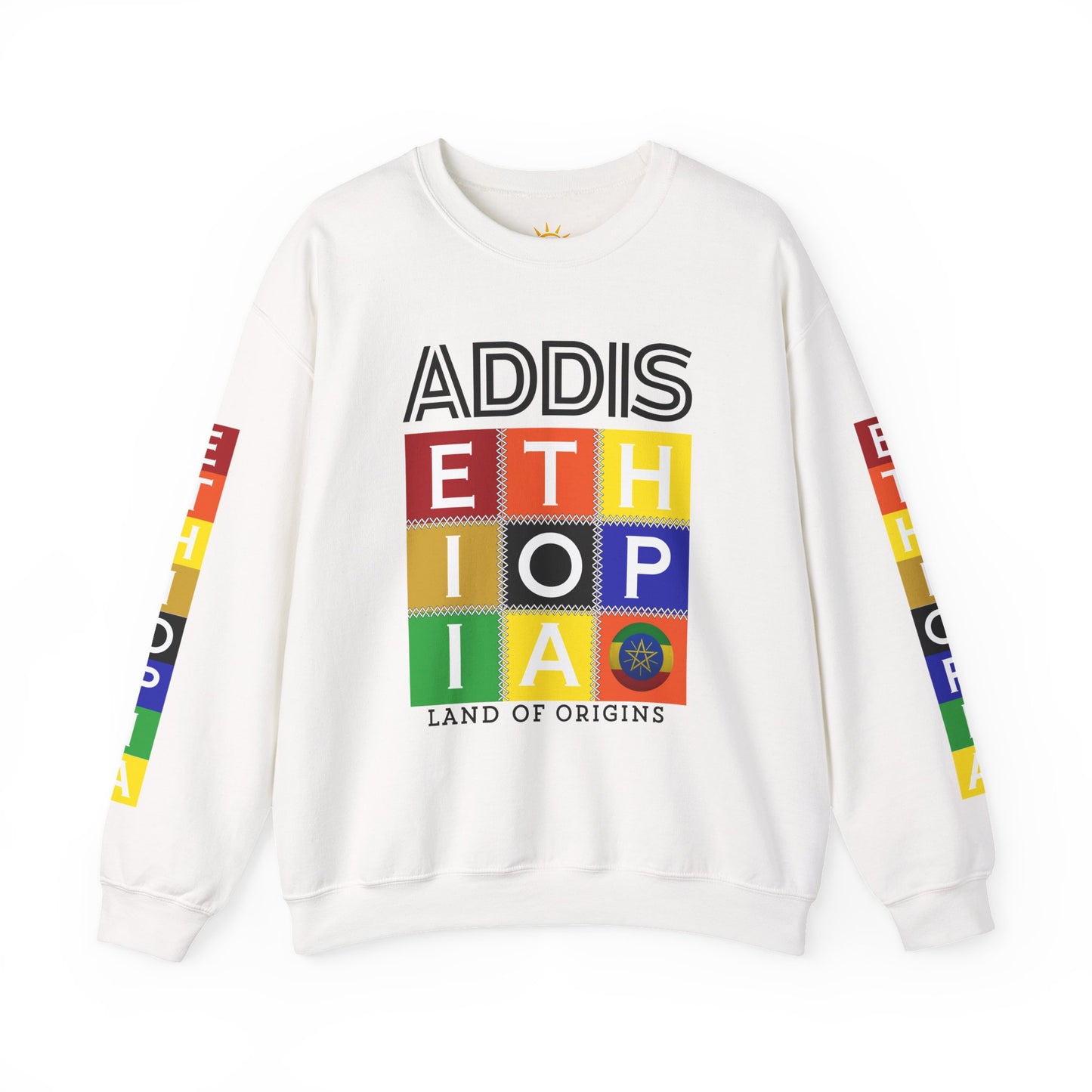 A white Addis, Ethiopia, color block,  long-sleeve sweat shirt 