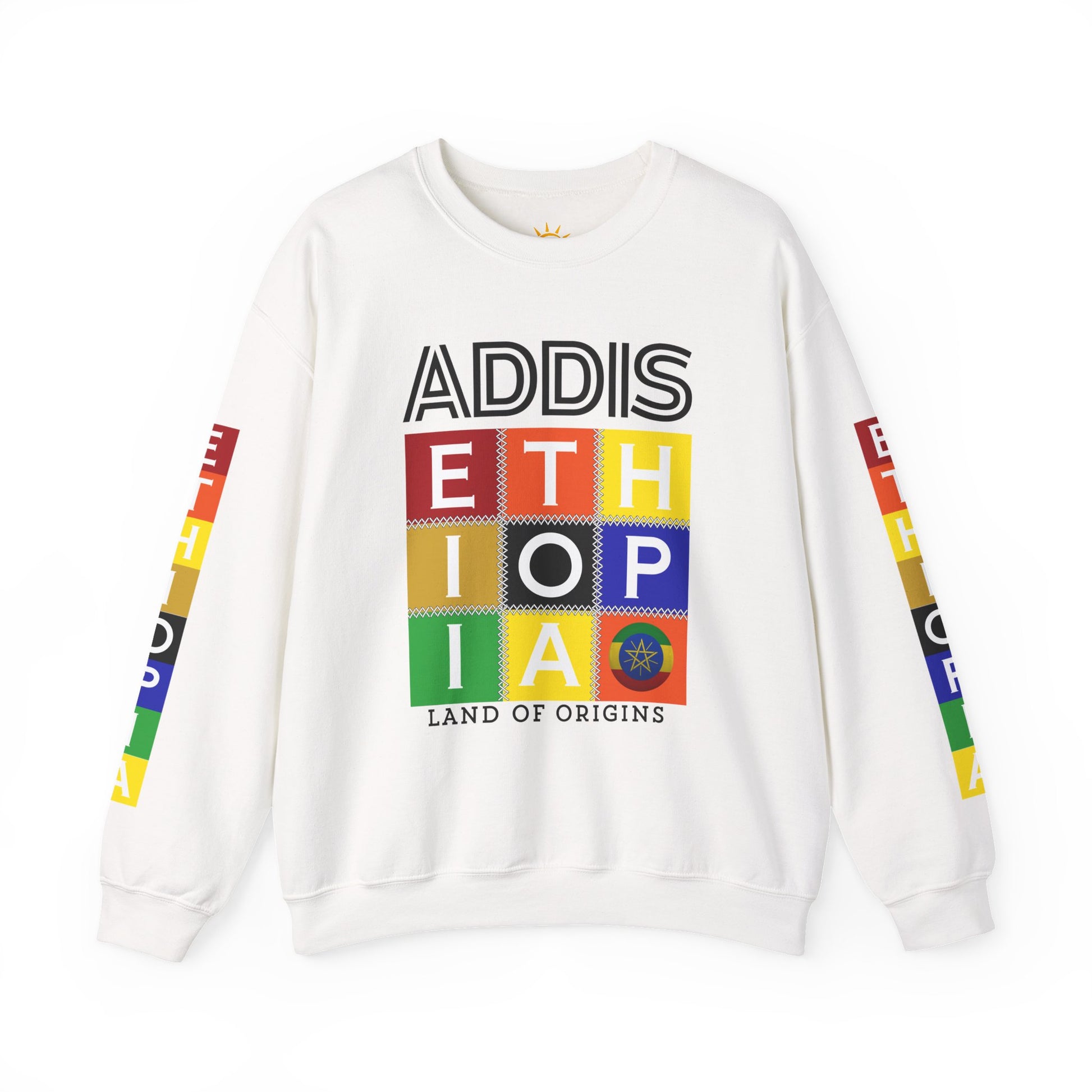 A white Addis, Ethiopia, color block,  long-sleeve sweat shirt 