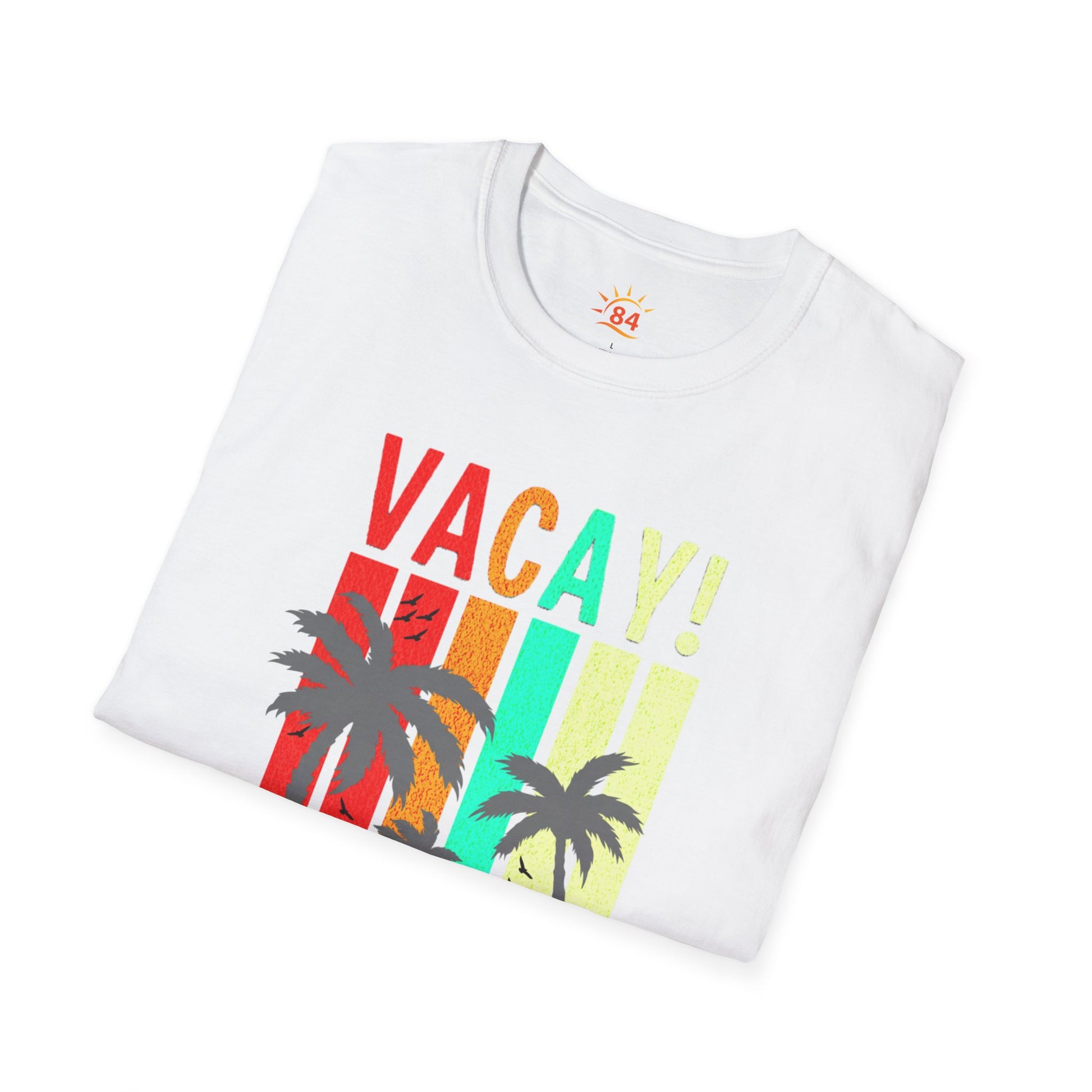 a folded white t-shirt with 'VACAY! TIME TO BEACH' text and palm tree graphics 