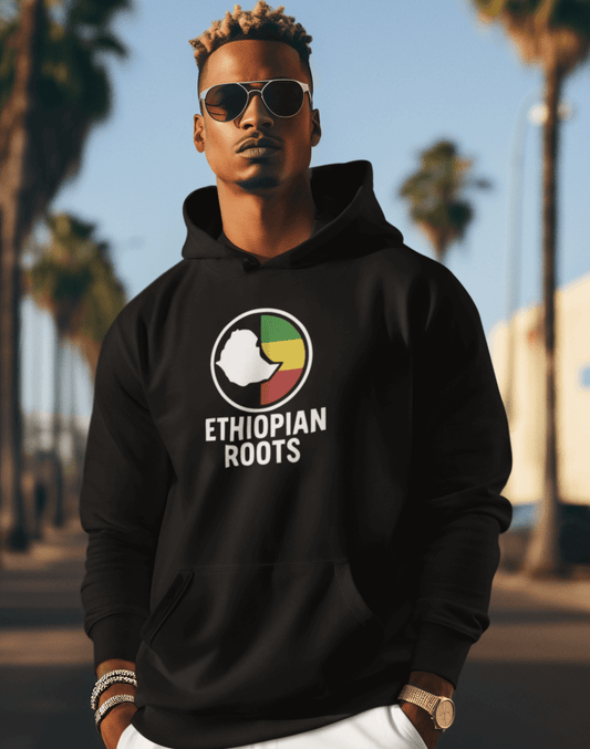 Man wearing a black hoodie with 'Ethiopian Roots' flag and map design