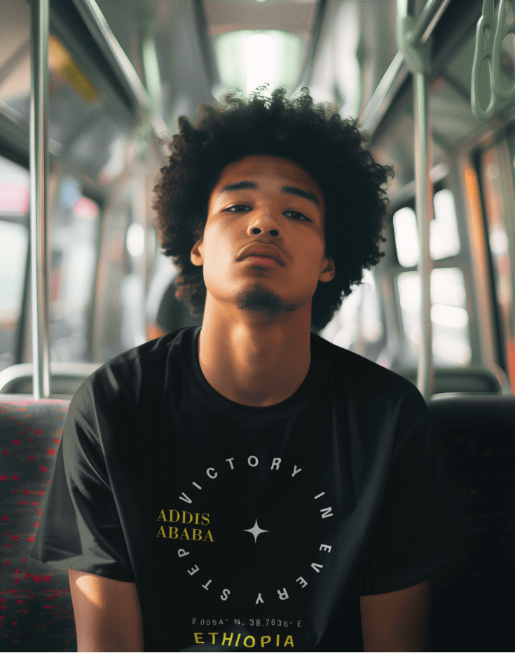 Man wearing a black Ethiopian Addis Ababa t-shirt with minimalist text sitting on a bus