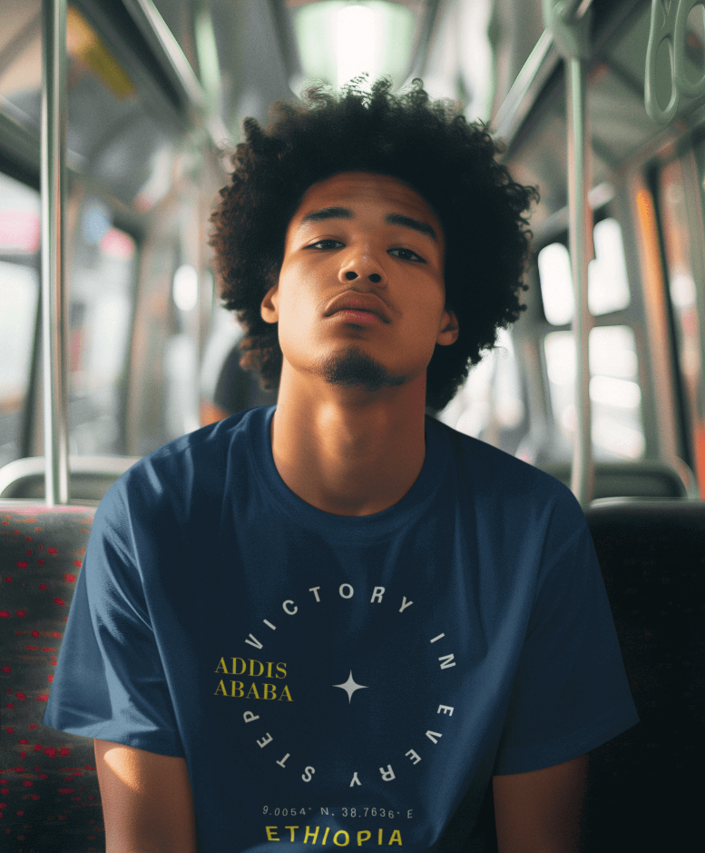 Man wearing a navy Ethiopian Addis Ababa t-shirt with minimalist text sitting on a bus