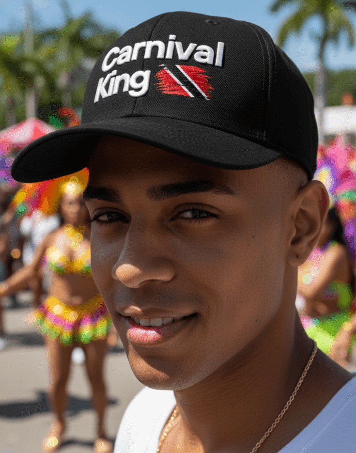 Person wearing a 'Carnival King' black snapback cap in a festive setting with colorful costumes in the background