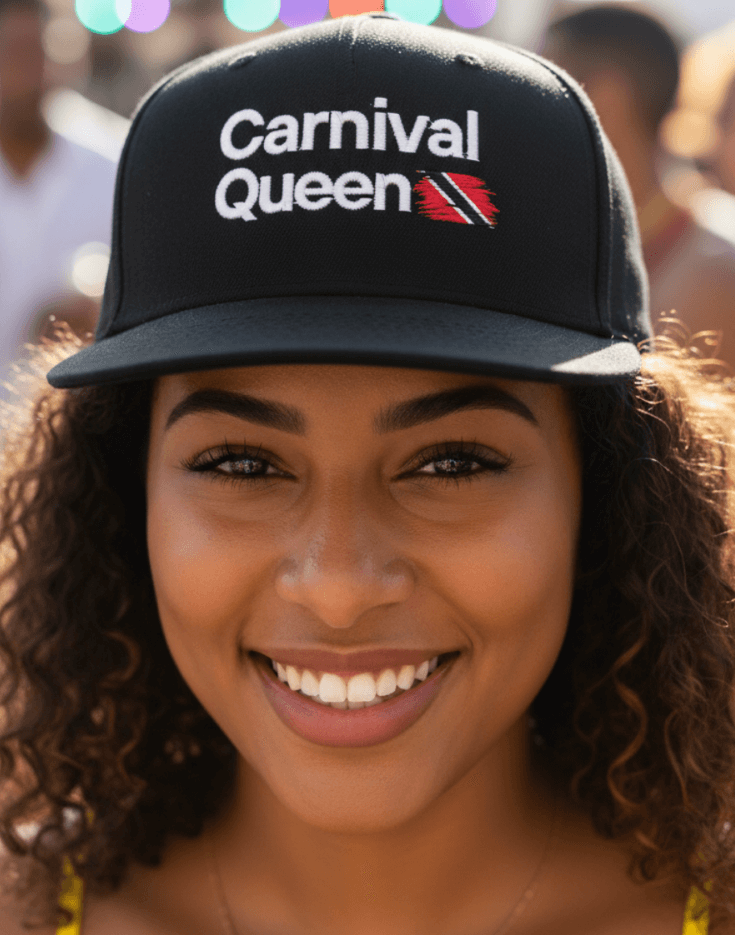 Person wearing a 'Carnival Queen' black snapback cap in a festive setting with colorful costumes in the background