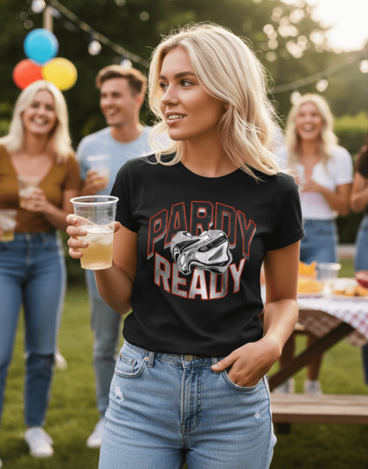 Woman wearing a black carnival t-shirt with 'Pardy Ready' graphic at a party.