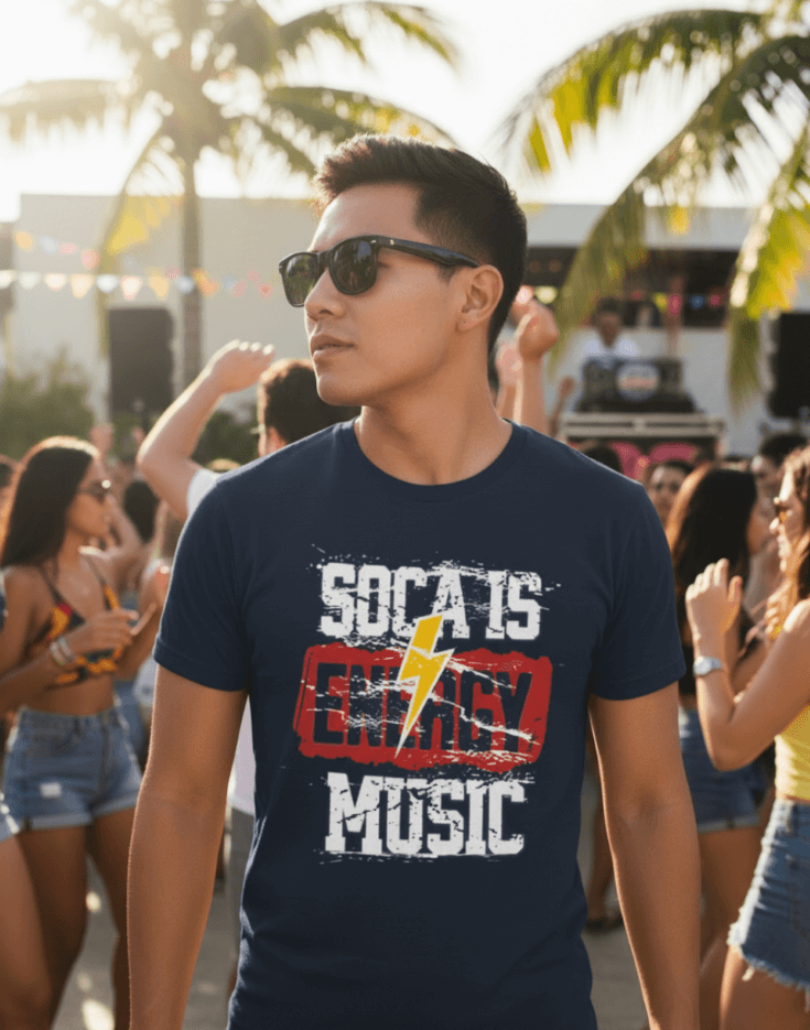 Man wearing a navy blue 'Soca is Energy Music' t-shirt at a Carnival outdoor event with palm trees.