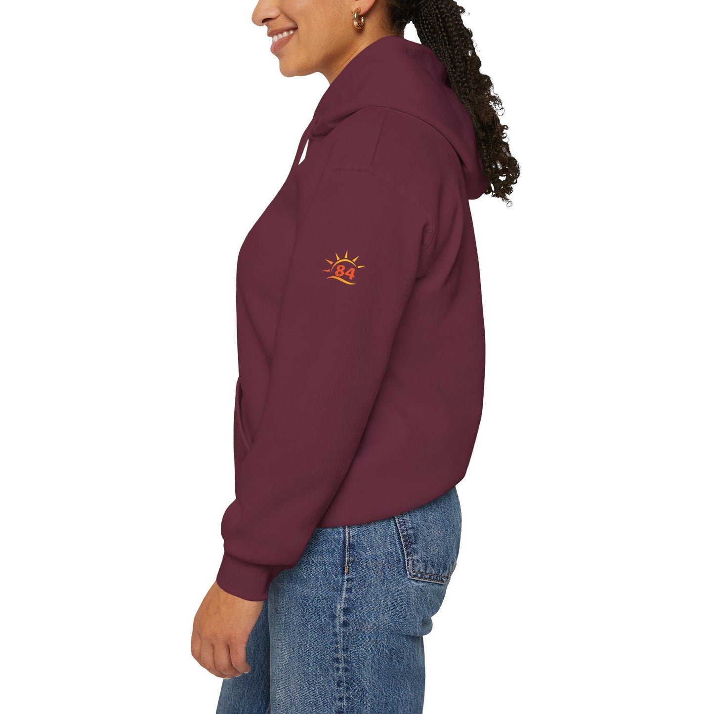 A maroon Ethiopian Buna graphic print hoodie with logo on sleeve