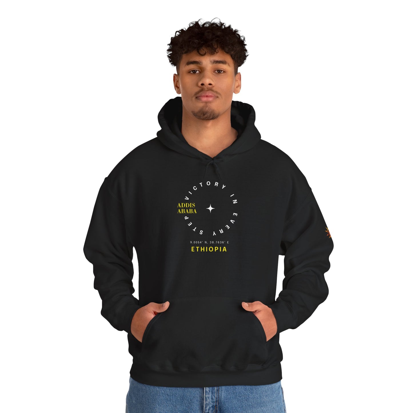 Man wearing a Black Ethiopian Addis Ababa hoodie with minimalist text design 
