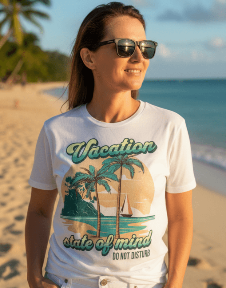 Woman standing on the beach wearing a white t-shirt with a graphic print and text that says Vacation - State of Mind - Do not disturb