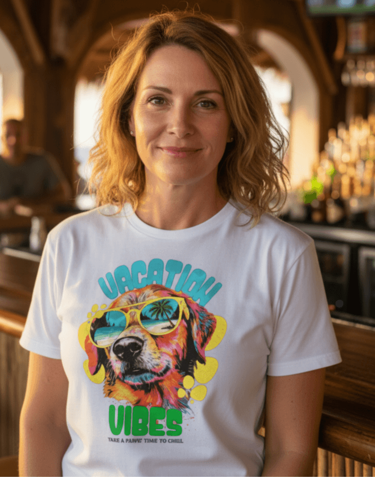 Woman with a white t-shirt with a dog wearing sunglasses and text that says Vacation Vibes Take a Paws! Time to chill. woman is standing at a bar