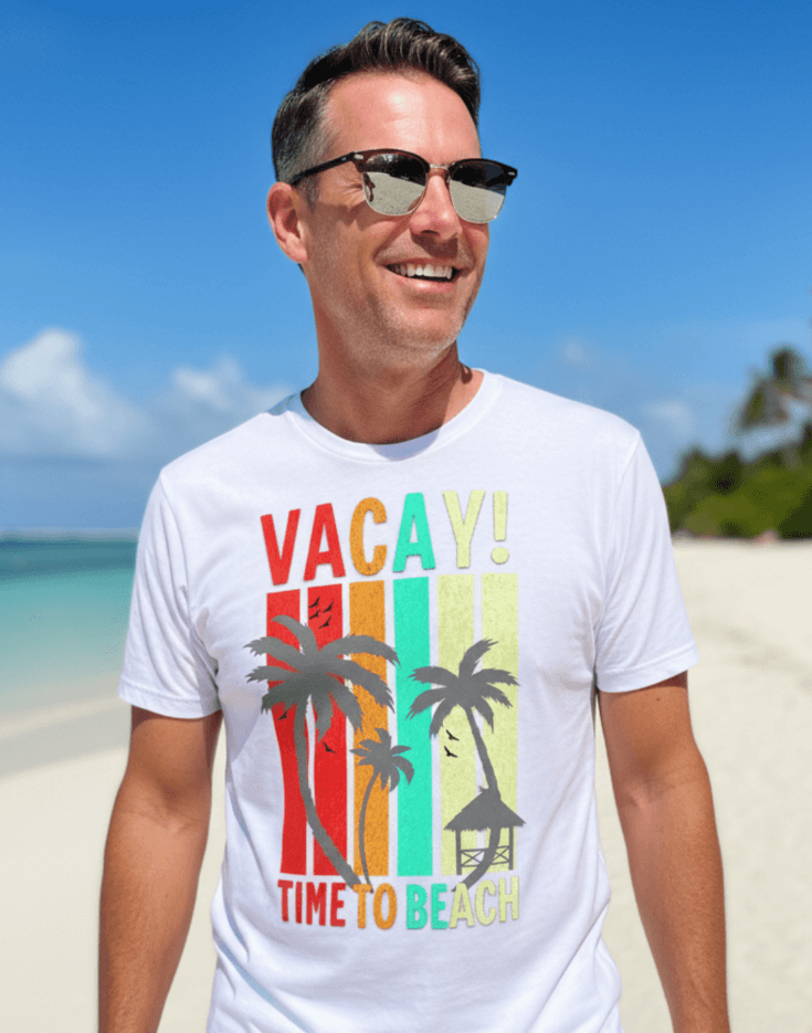 Man wearing a white t-shirt with 'VACAY! TIME TO BEACH' text and palm tree graphics on a beach.
