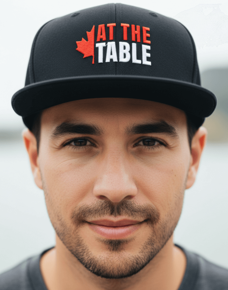 Man wearing a black flat billed snap back cap with 'At the Table' logo, blurred background