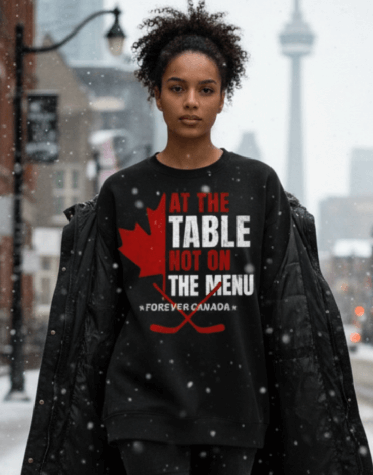 Woman wearing a black sweatshirt with red and white text and graphics, we are at the table not on the menu, standing in a snowy urban setting.
