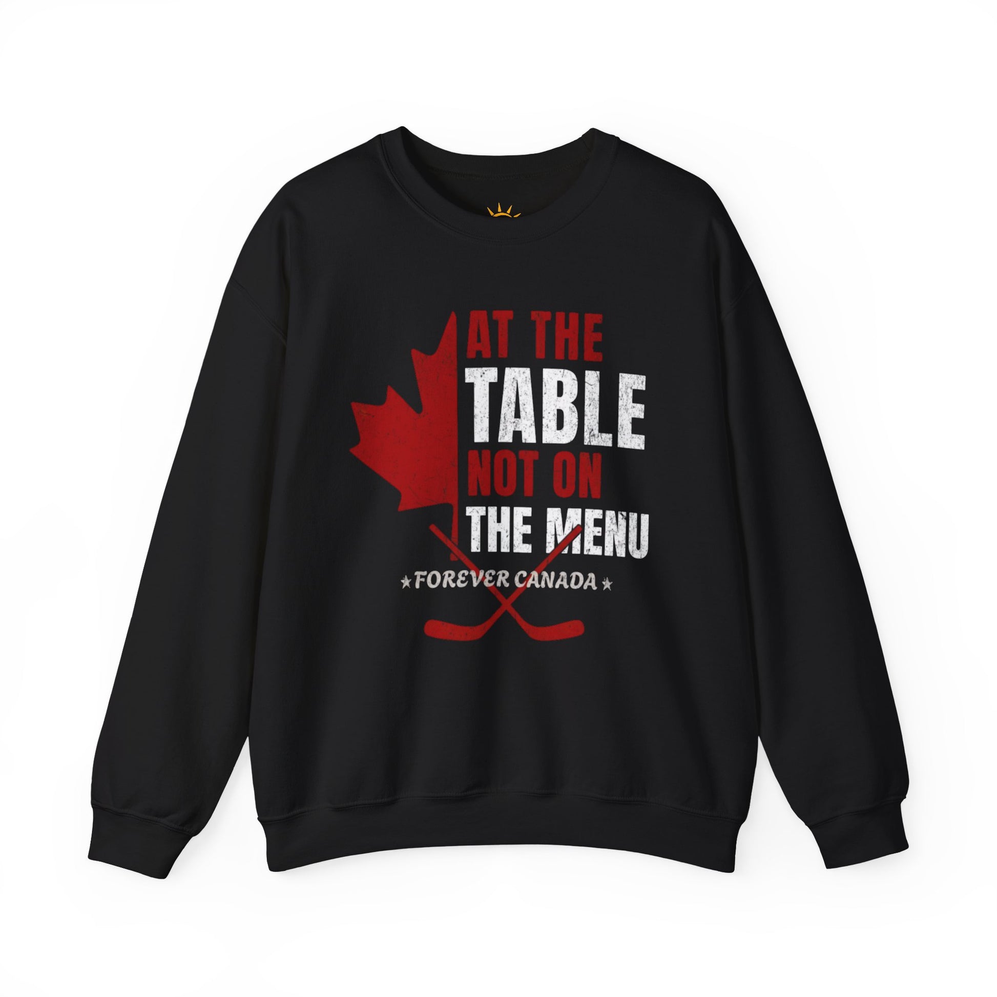 A black sweatshirt with a red and white graphic design. We are at the table not on the menu