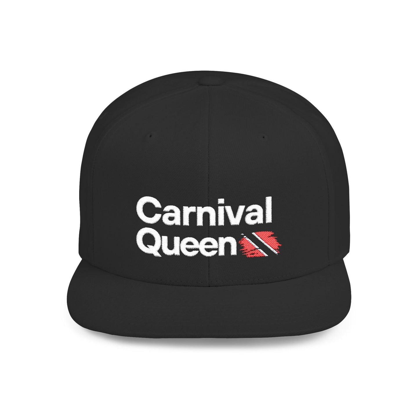 a 'Carnival Queen' black snap back cap in front of a white background
