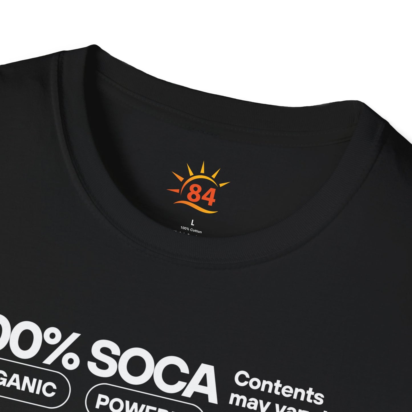 Black t-shirt with '100% SOCA' text and a logo on a white background