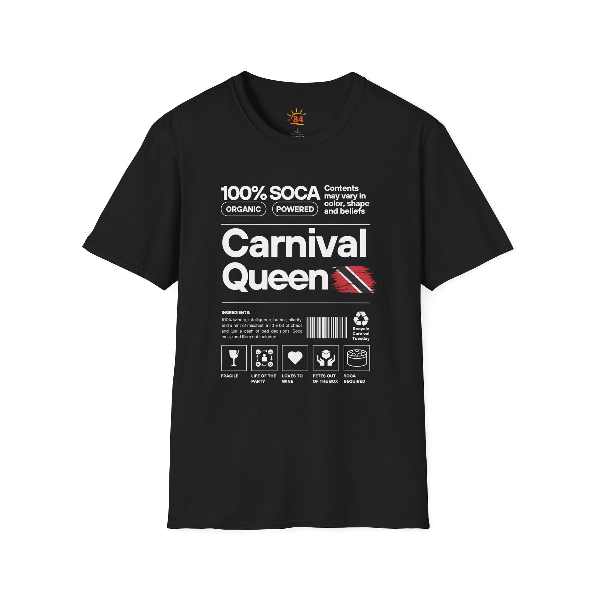 Black t-shirt with 'Carnival Queen' text and graphics on a white background