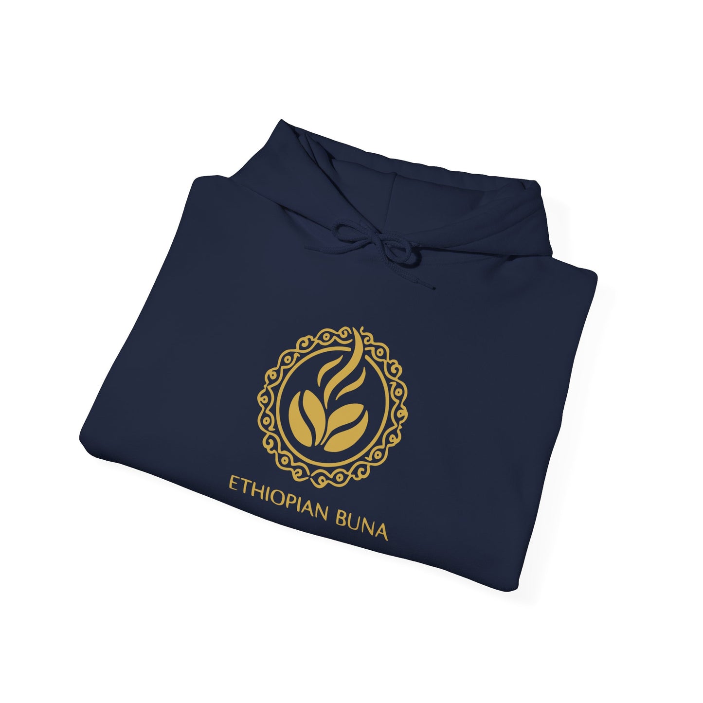 A folded navy blue Ethiopian Buna graphic print hoodie 