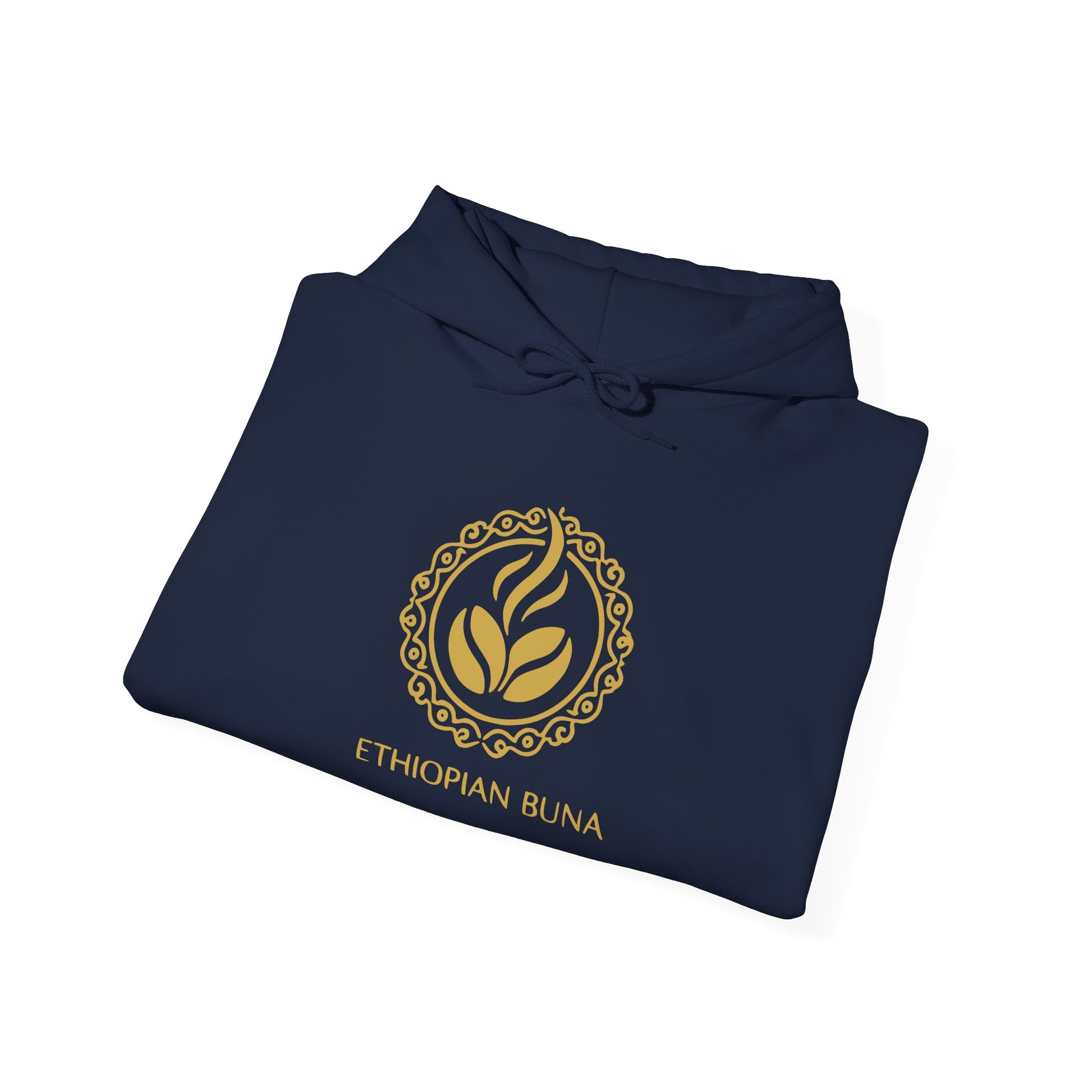 A folded navy blue Ethiopian Buna graphic print hoodie 
