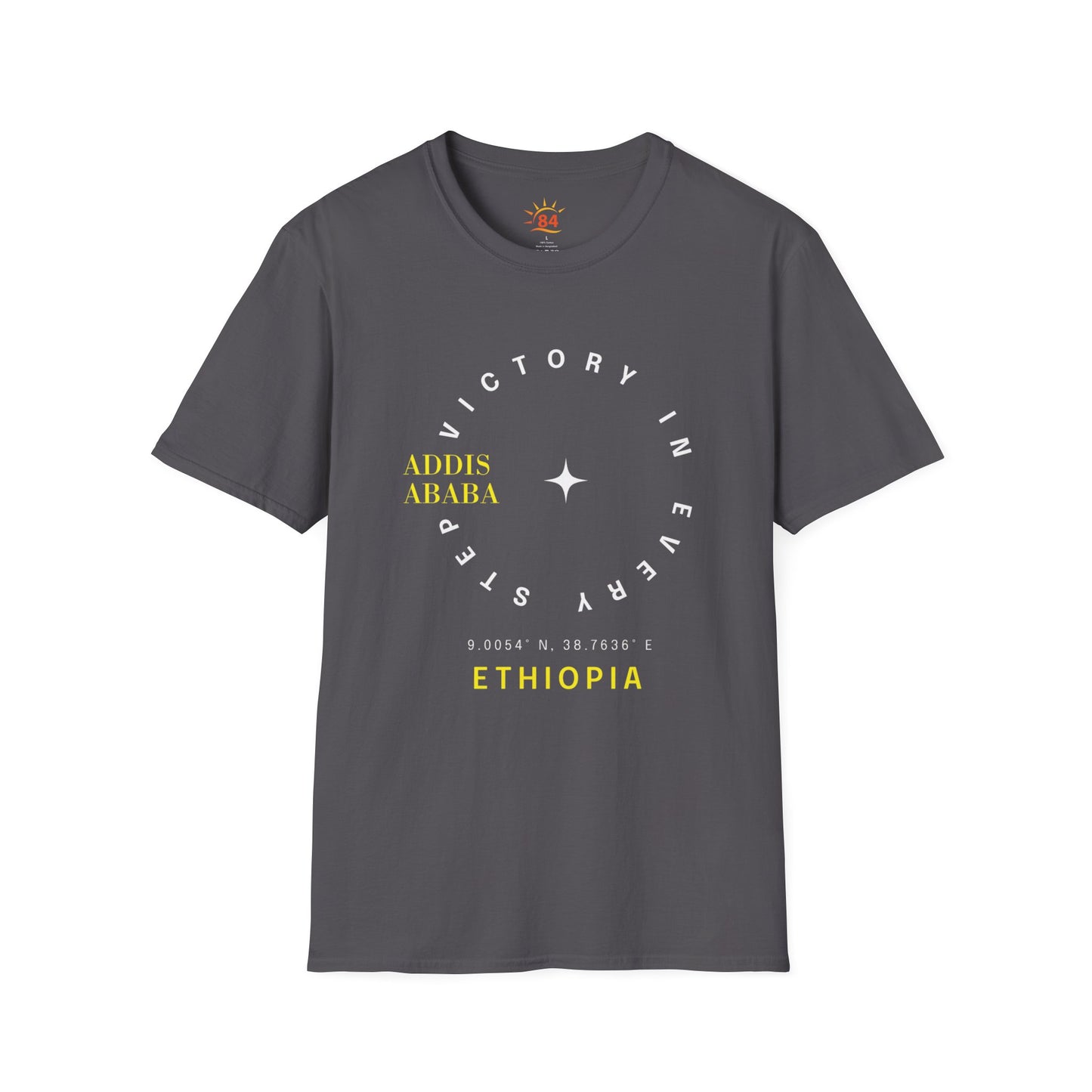 Gray Ethiopian, Addis Ababa, minimalist, t-shirt with yellow and white text on a white background