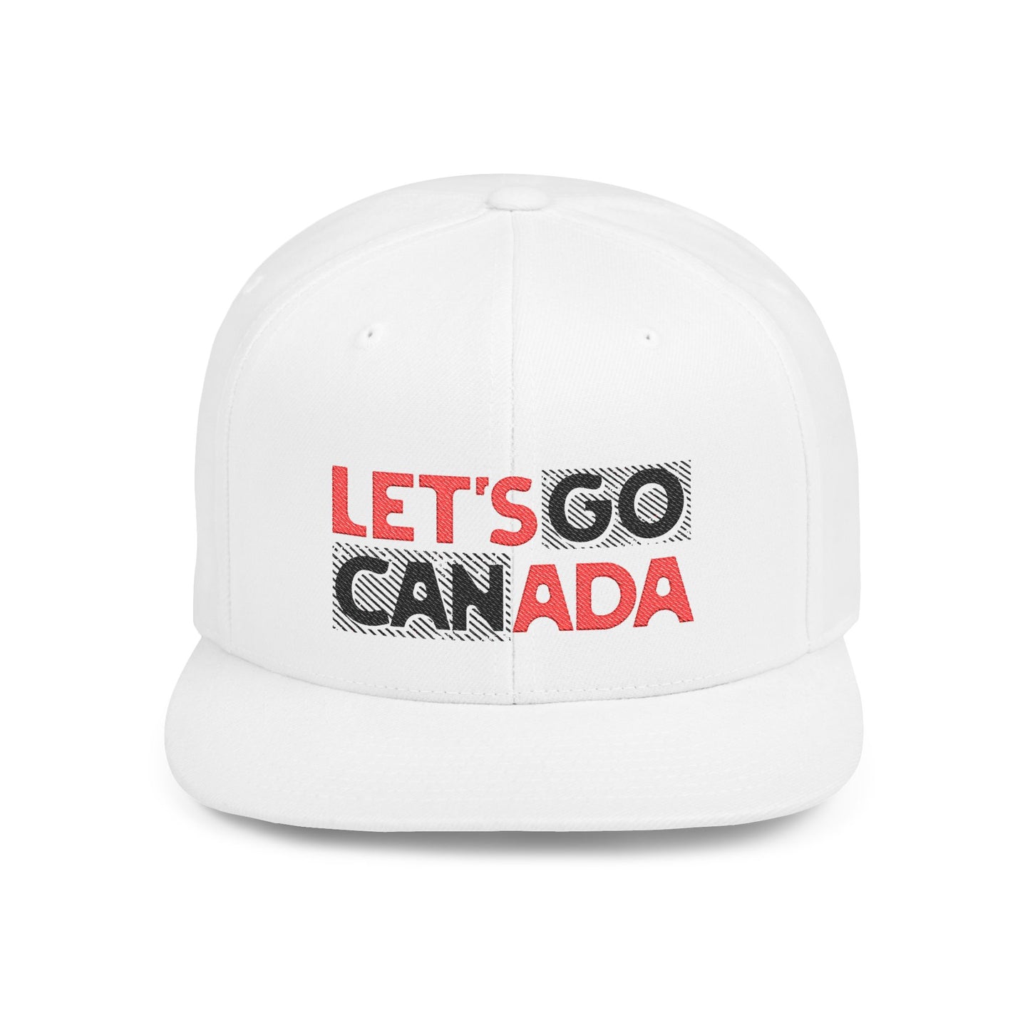 A white snapback cap with 'Let's Go Canada' text
