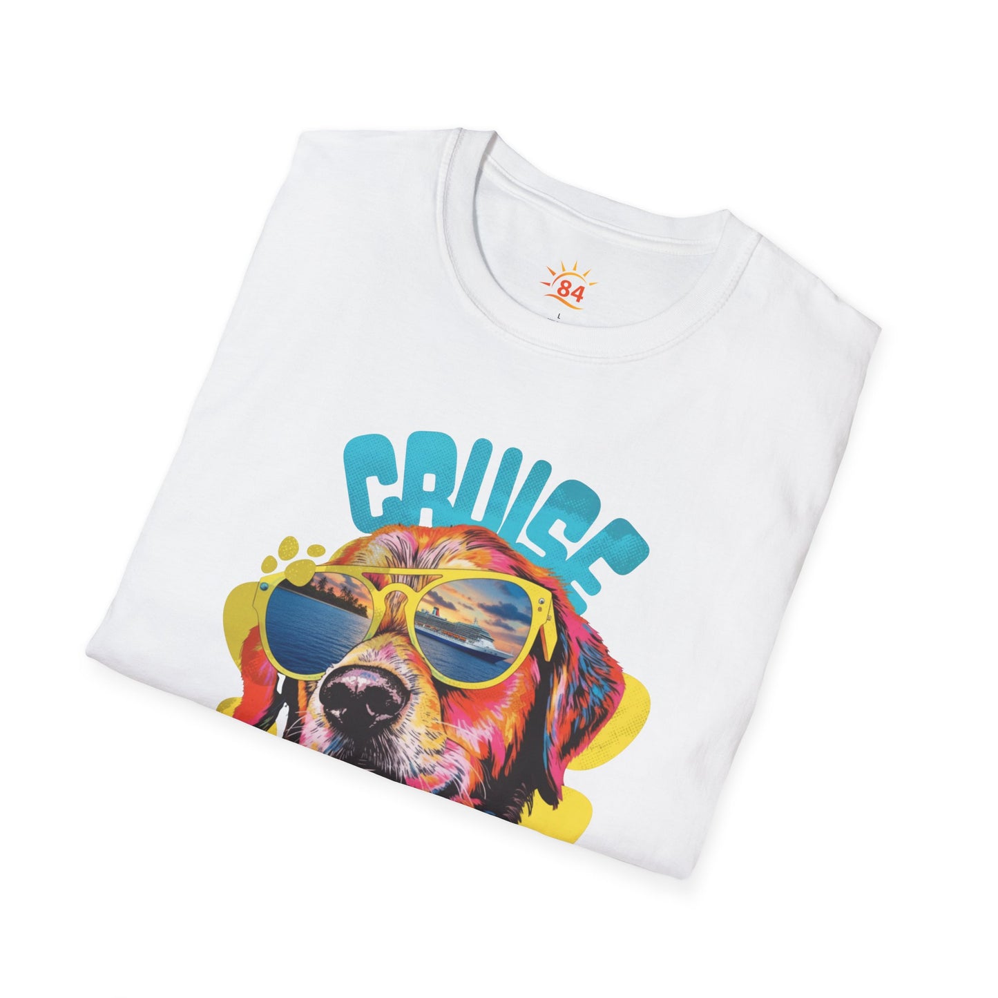 A folded white t-shirt with a dog wearing sunglasses and text that says Cruise Life Take a Paws! Time to chill. 