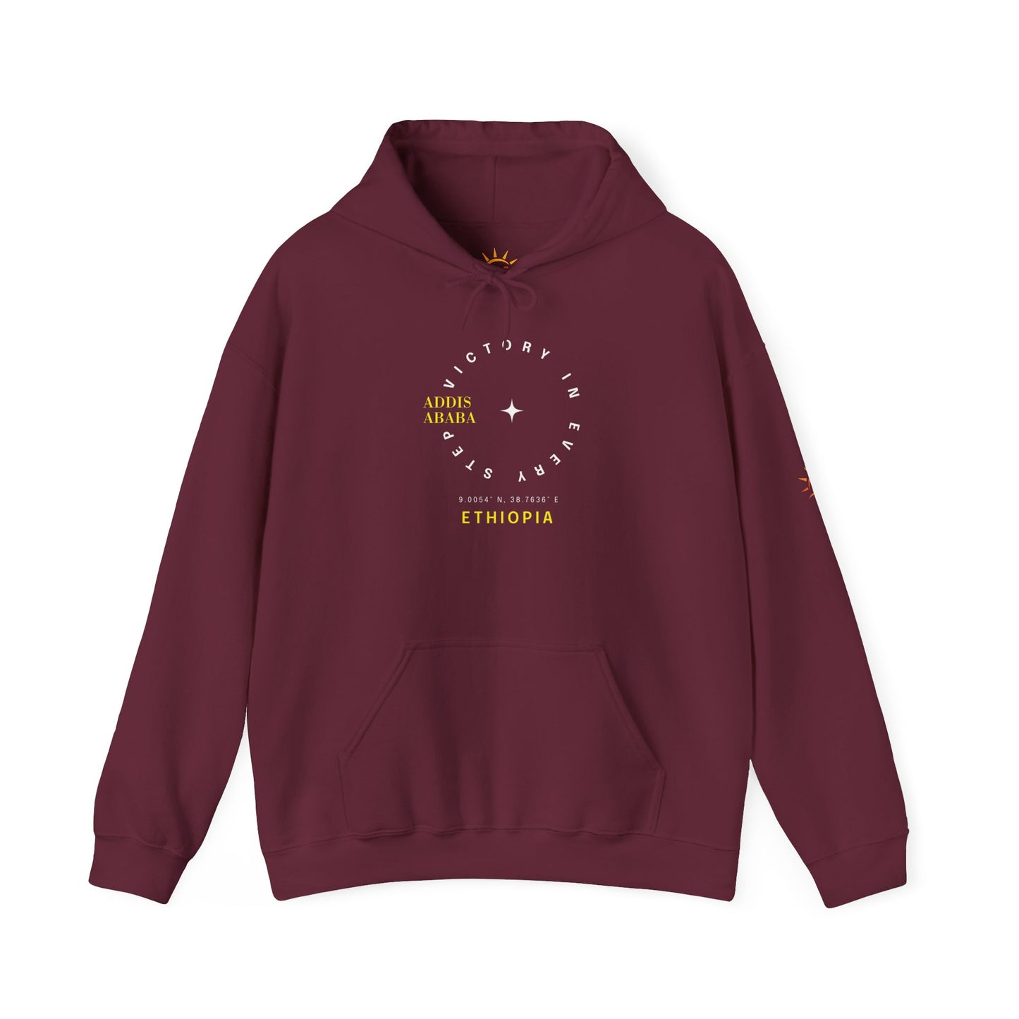 A maroon red Ethiopia Addis Ababa hoodie with coordinates text and graphics