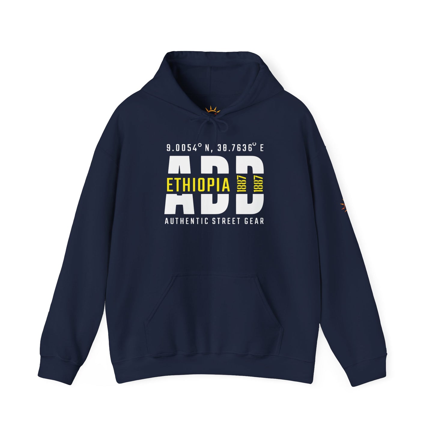 A blue hoodie with Addis Ababa, Ethiopia, ADD Airport code and coordinates