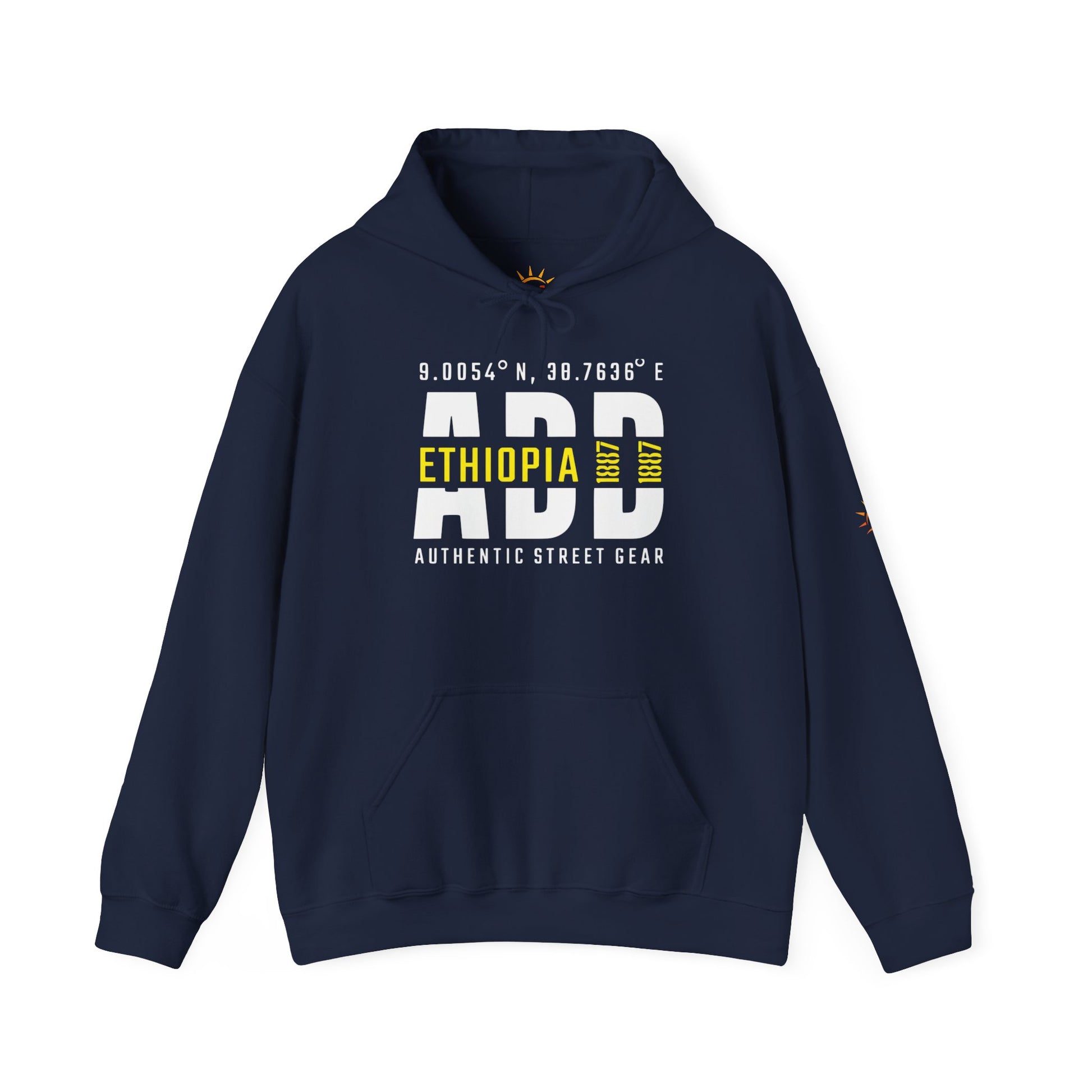 A blue hoodie with Addis Ababa, Ethiopia, ADD Airport code and coordinates