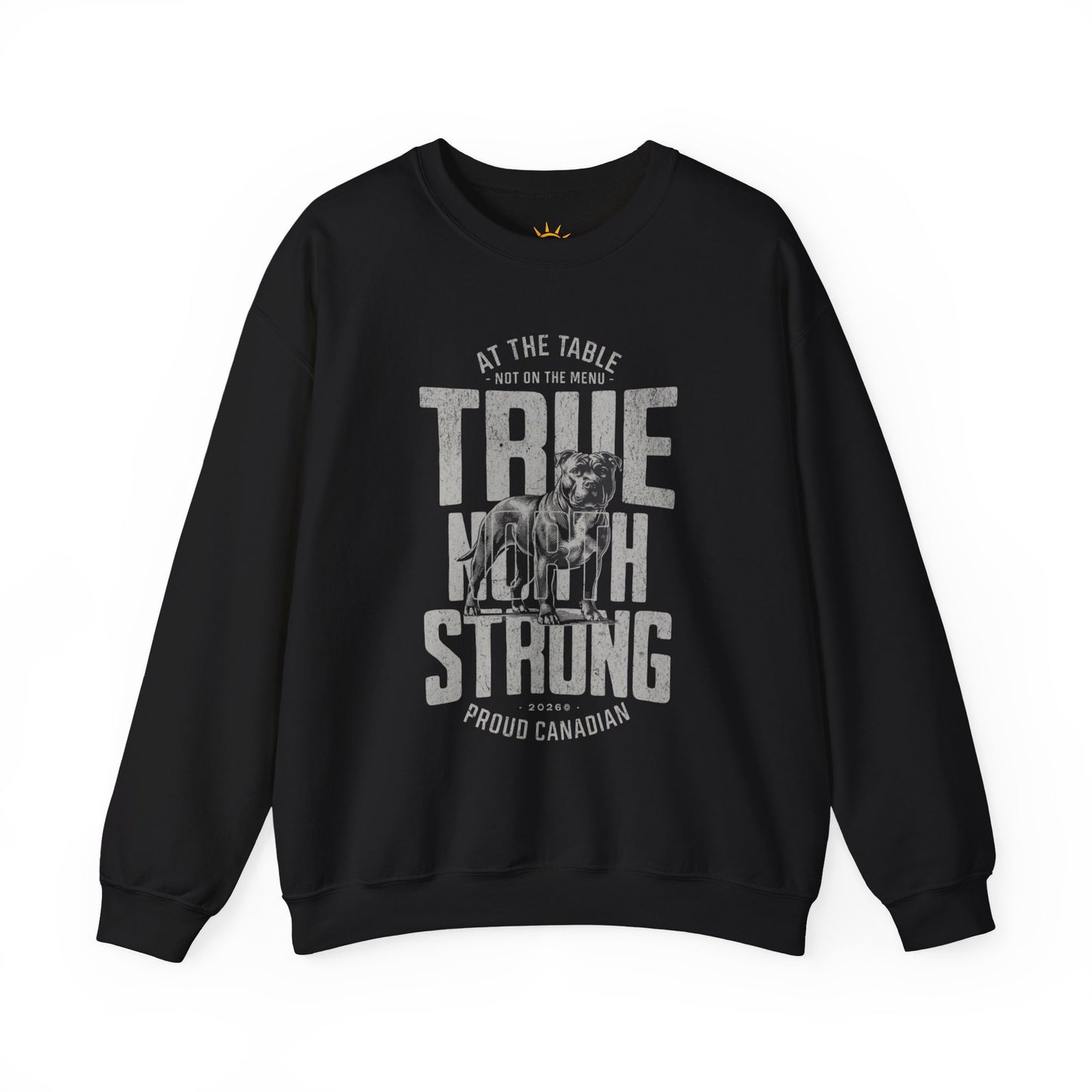 A black sweatshirt with text and graphics, True North Strong.