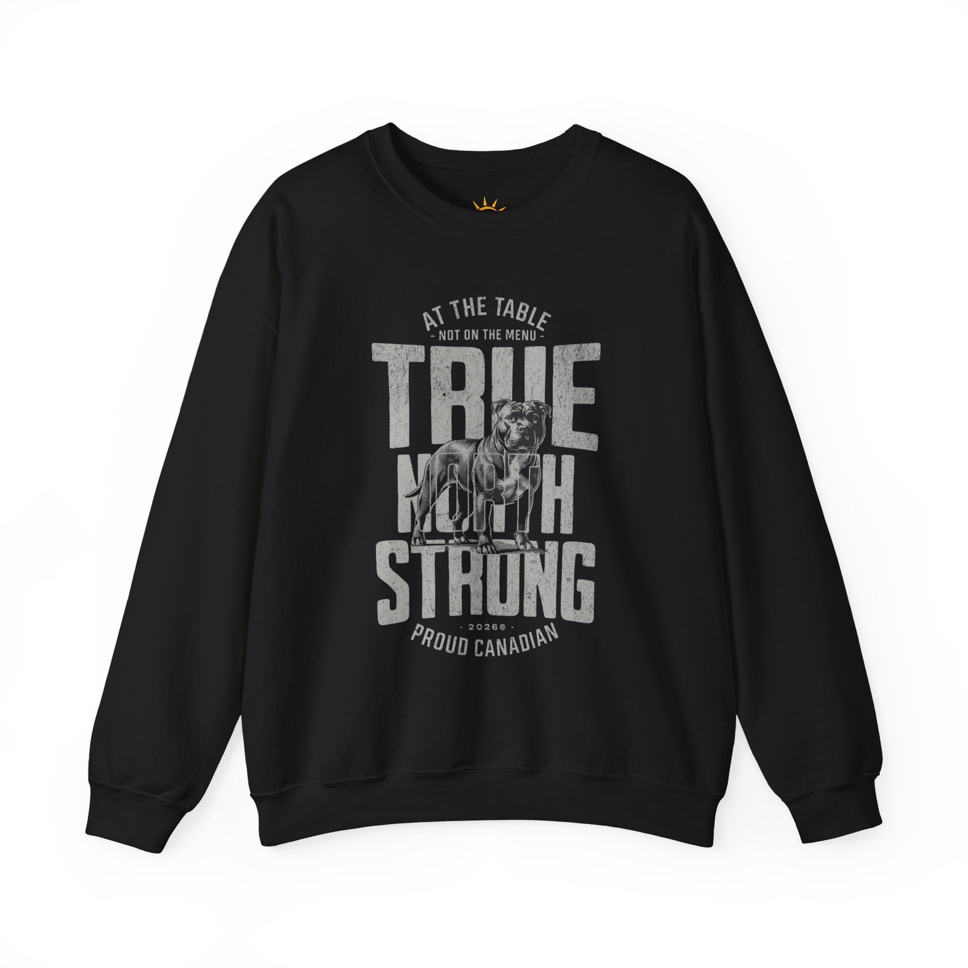 A black sweatshirt with text and graphics, True North Strong.