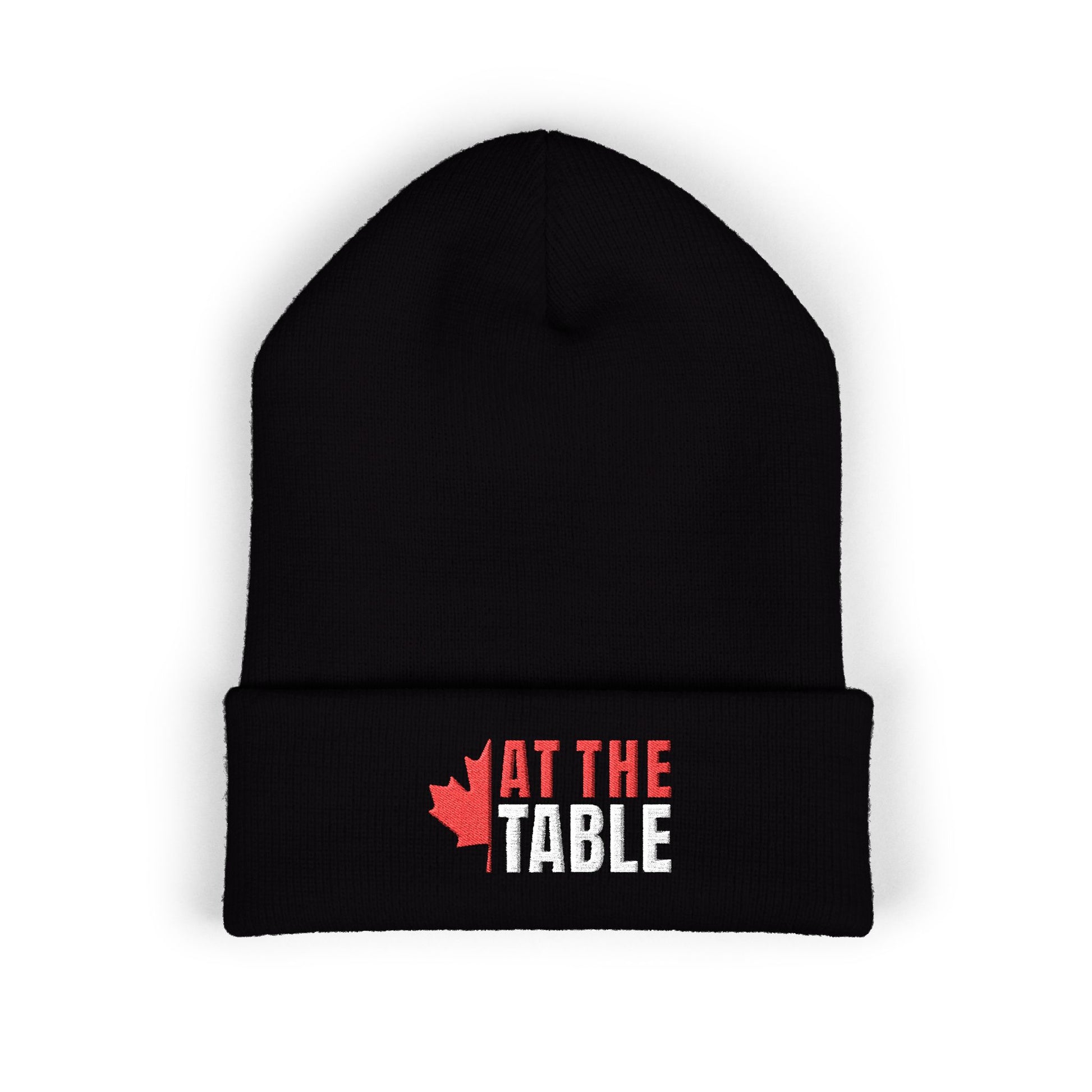 Black beanie with 'At the Table' logo on a white background