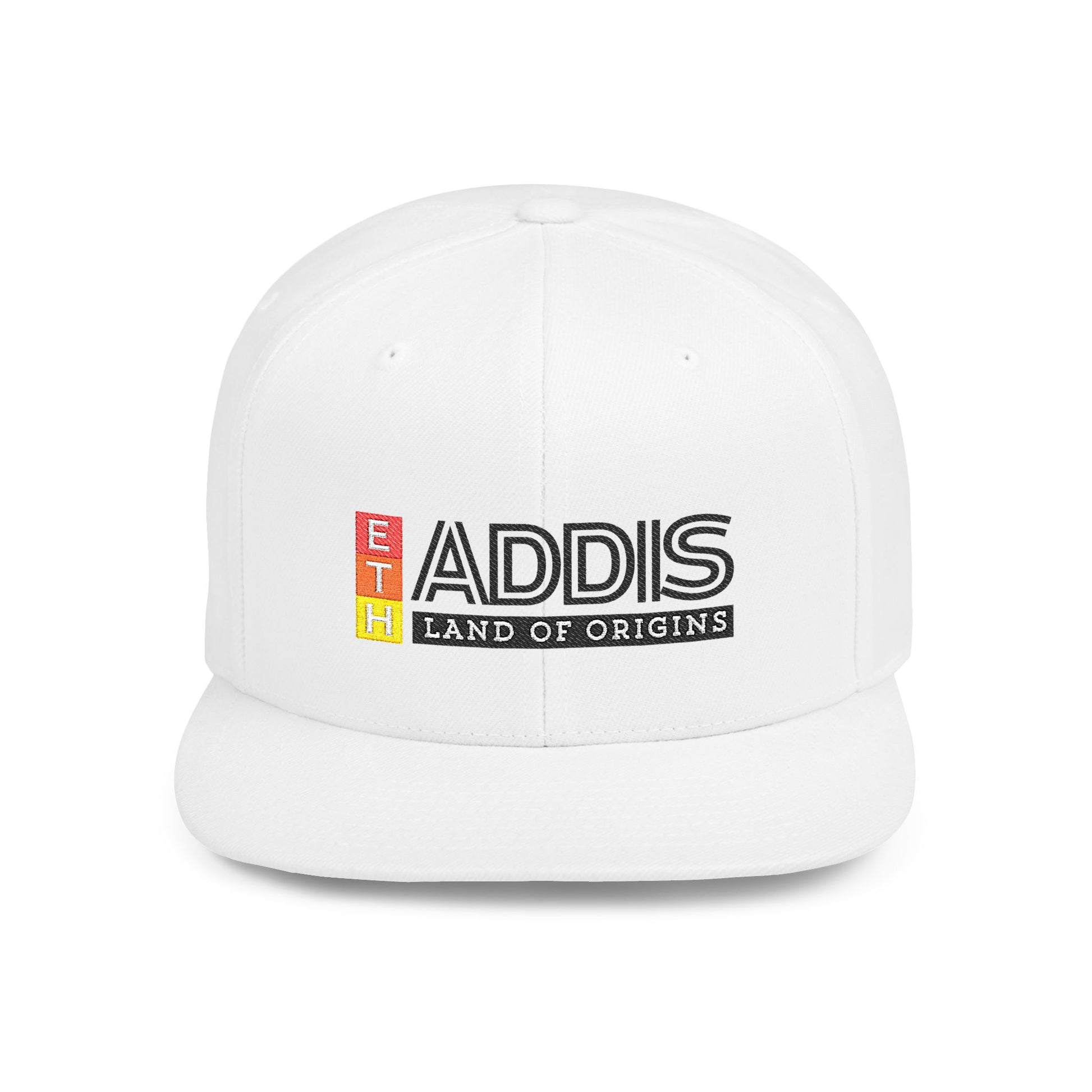A white snapback cap with 'ADDIS Land of origins' text 