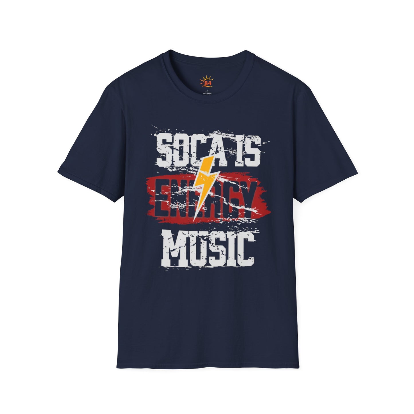 A navy blue 'Soca is Energy Music' t-shirt.