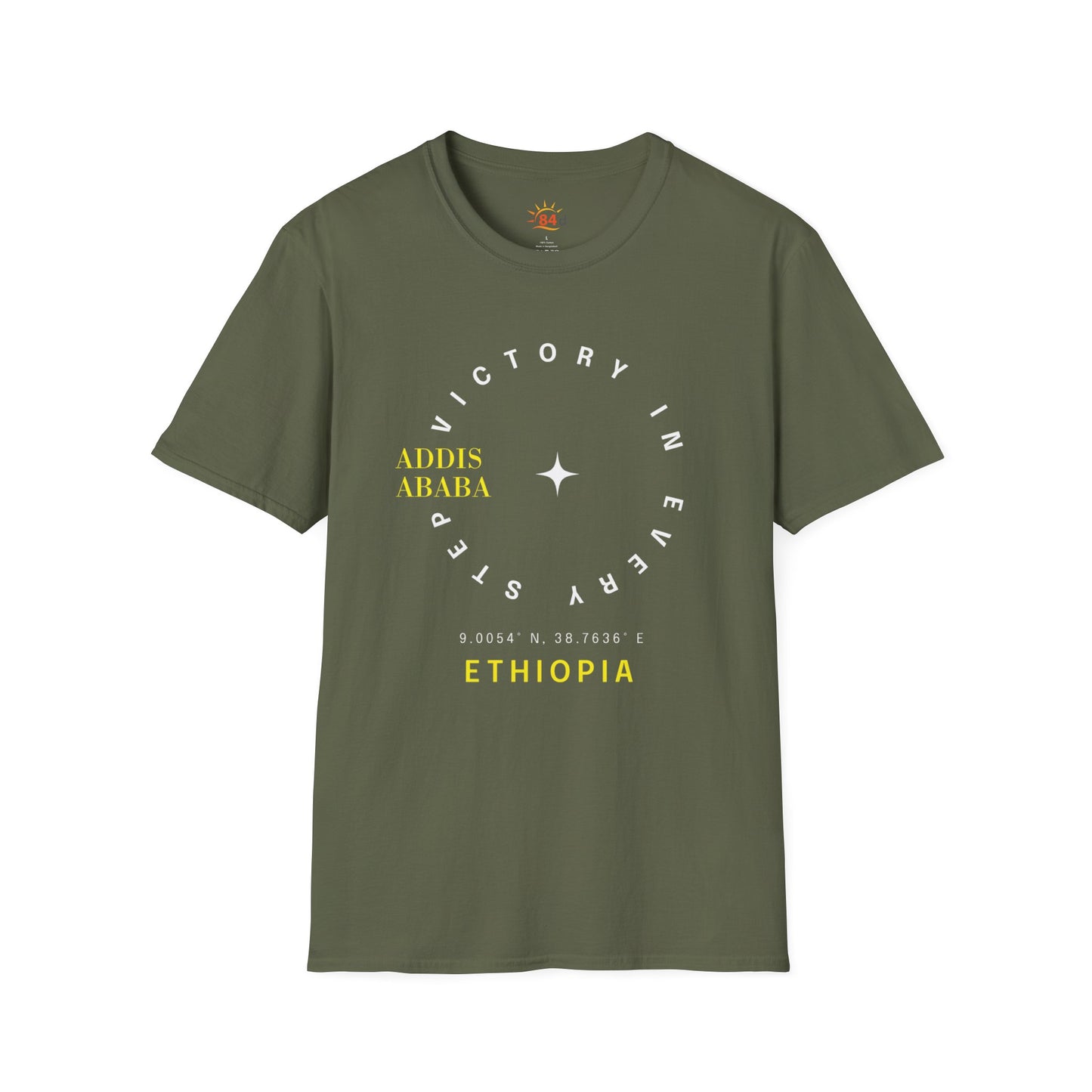 Green Ethiopian, Addis Ababa, minimalist, t-shirt with yellow and white text on a white background