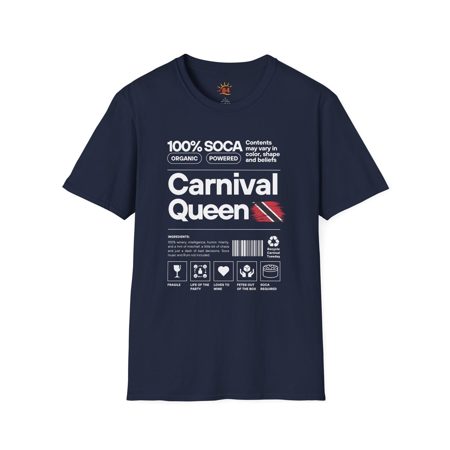 Navy blue t-shirt with 'Carnival Queen' text and graphics on a white background