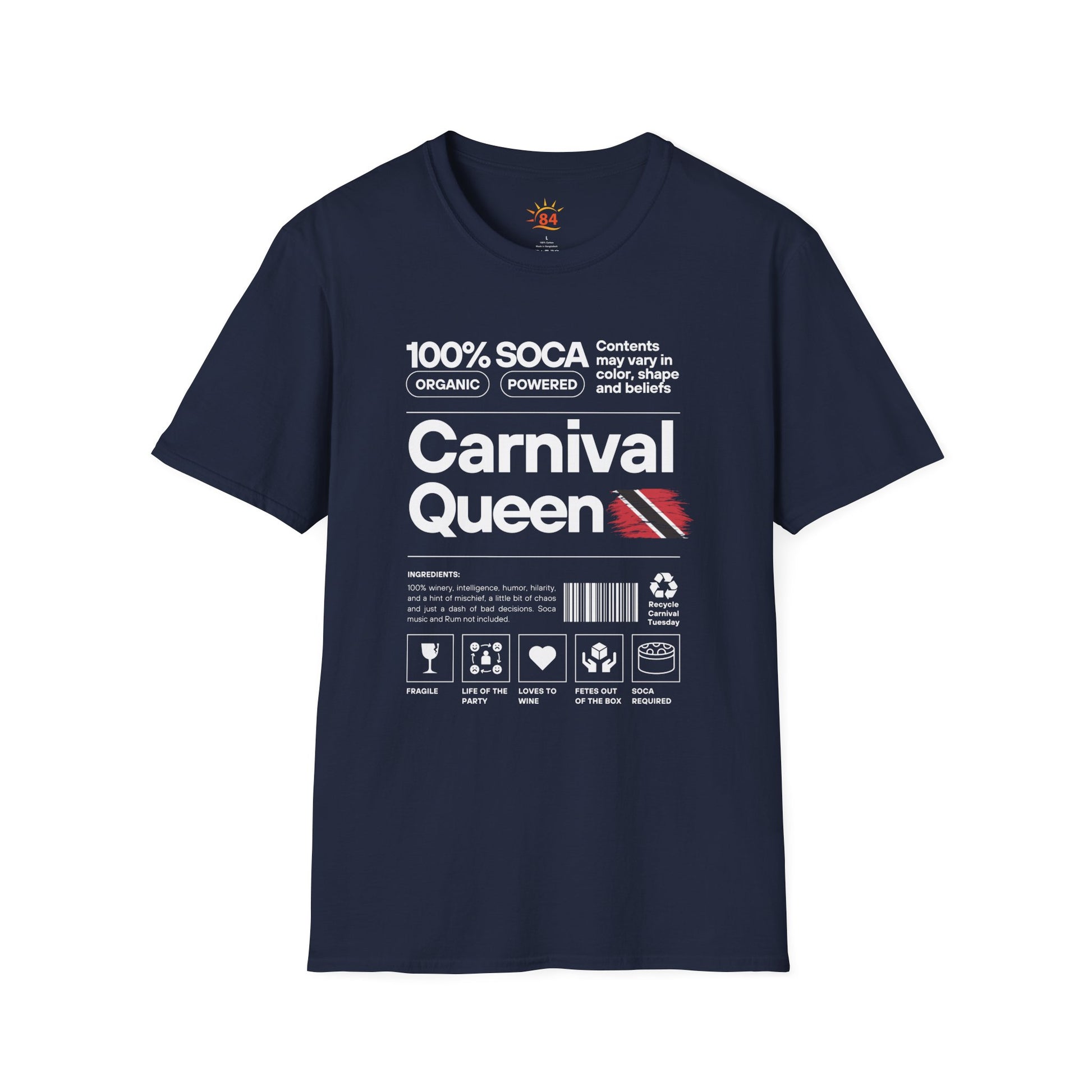 Navy blue t-shirt with 'Carnival Queen' text and graphics on a white background