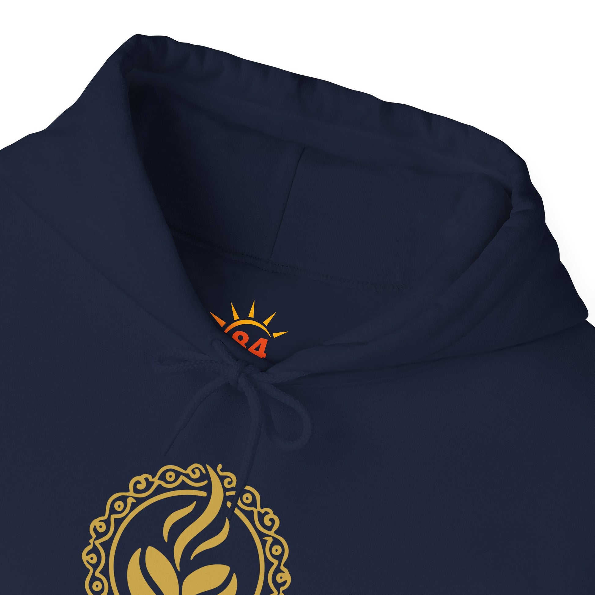 A folded navy blue Ethiopian Buna graphic print hoodie 