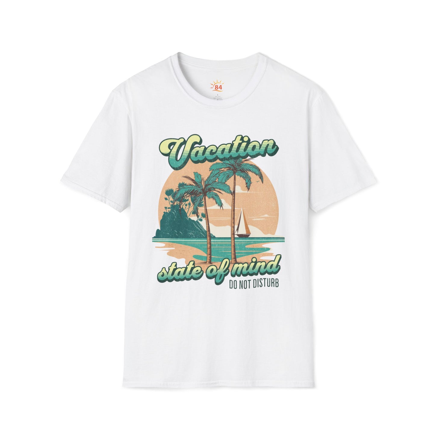 A white t-shirt with a graphic print and text that says Vacation - State of Mind - Do not disturb