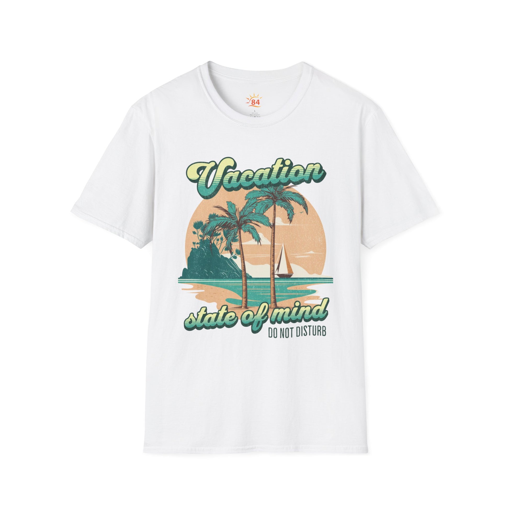 A white t-shirt with a graphic print and text that says Vacation - State of Mind - Do not disturb