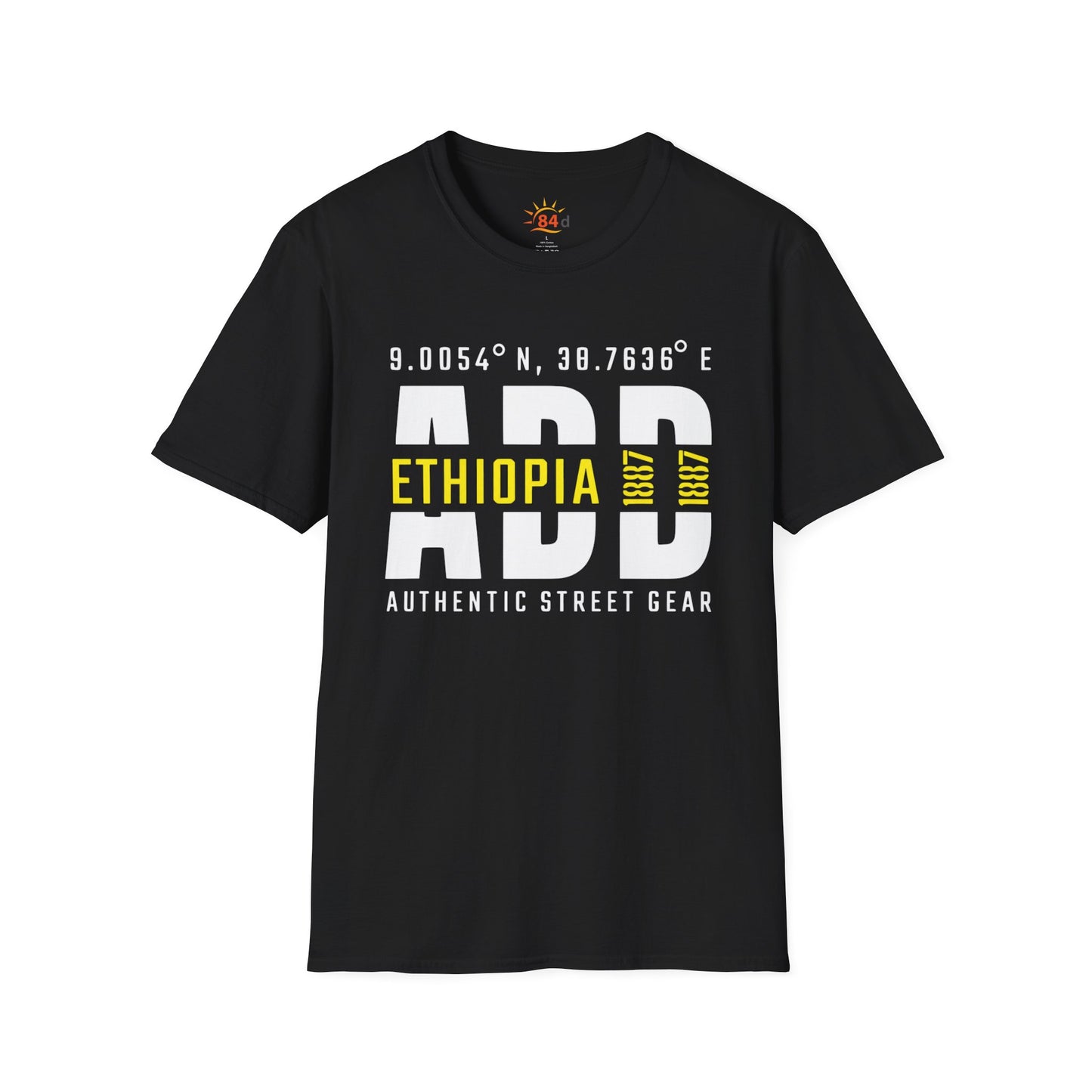 A black t-shirt with Addis Ababa, Ethiopia, ADD Airport code and coordinates.