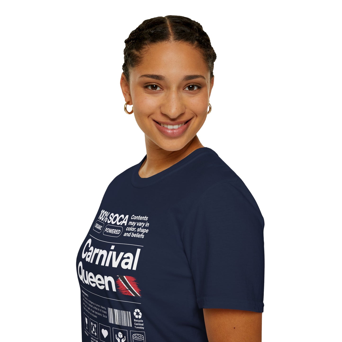 Woman wearing a navy blue t-shirt with 'Carnival Queen' text and graphics on a white background