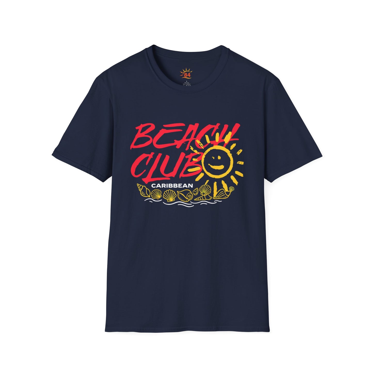 A navy blue t-shirt with the text, Beach Club Caribbean and a sun and sea shell graphic image.
